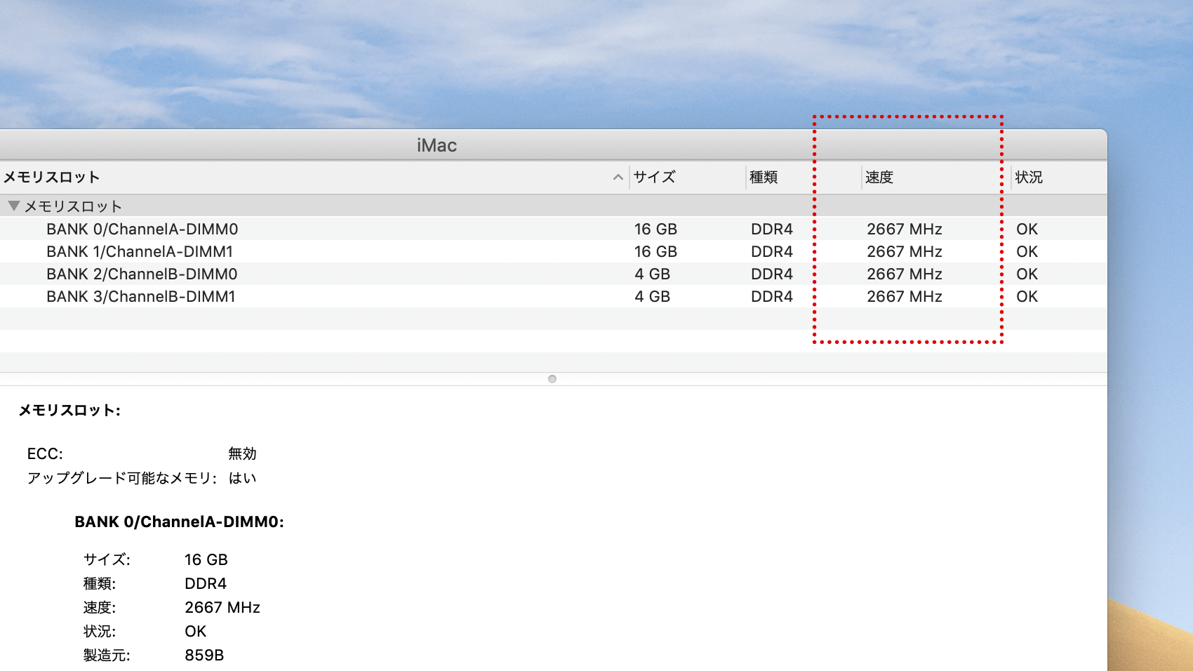 iMac 2019システムレポートのメモリ画面